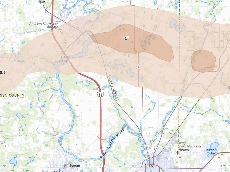 Radar-estimated hail-size map of the storm over Berrien Springs, MI on Jun 16, 2026