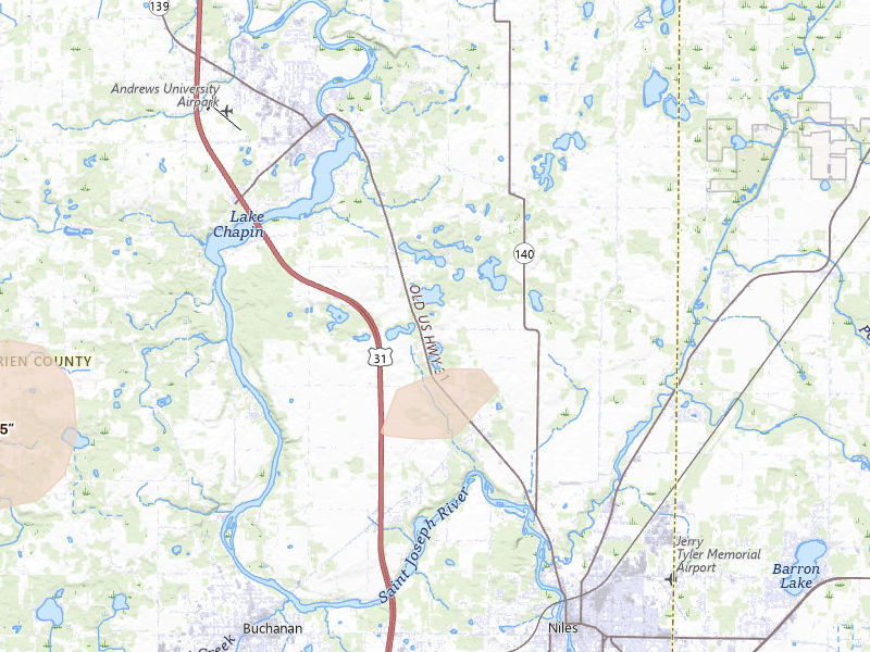Radar-estimated hail-size map of the storm over Berrien Springs, MI on Jul 3, 2026