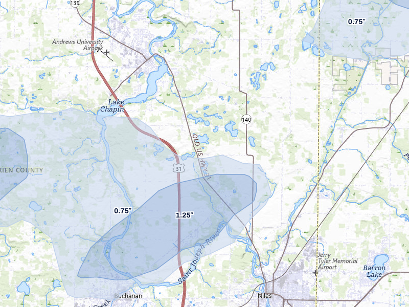 NEXRAD radar-signature map of the hail storm over Berrien Springs, MI on Jul 3, 2026