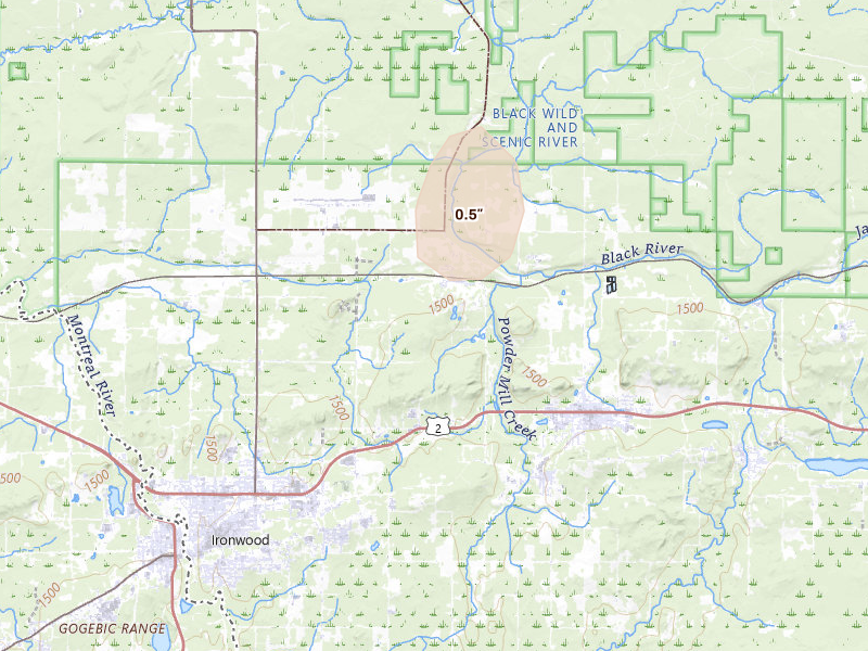 Radar-estimated hail-size map of the storm over Bessemer, MI on Jul 29, 2026