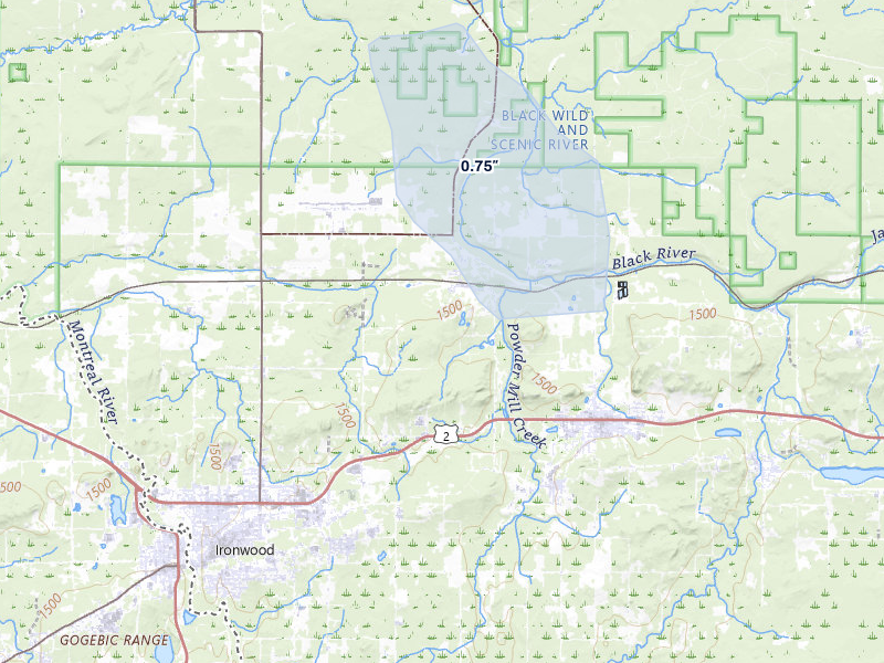 NEXRAD radar-signature map of the hail storm over Bessemer, MI on Jul 29, 2026