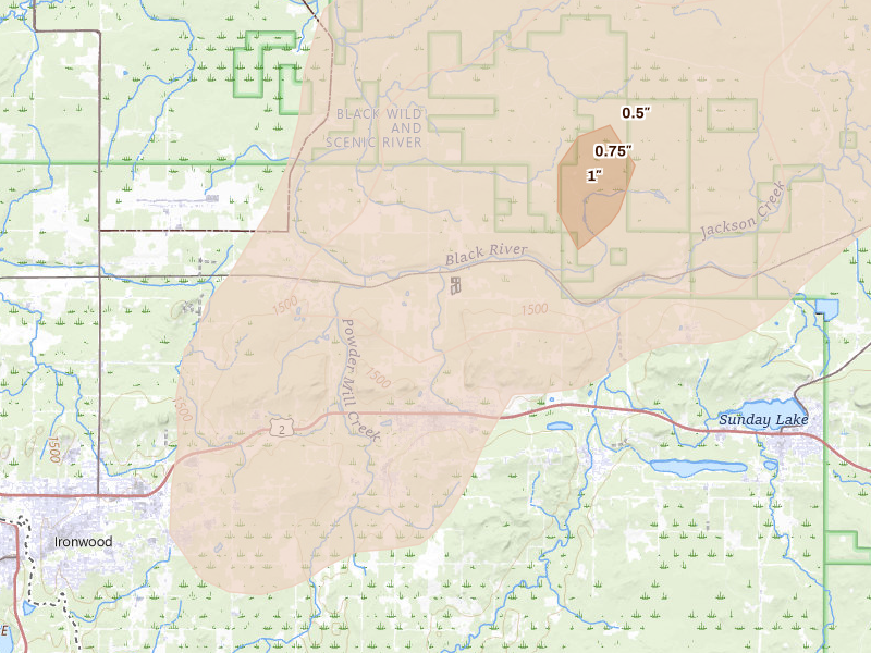 Radar-estimated hail-size map of the storm over Bessemer, MI on Aug 7, 2026