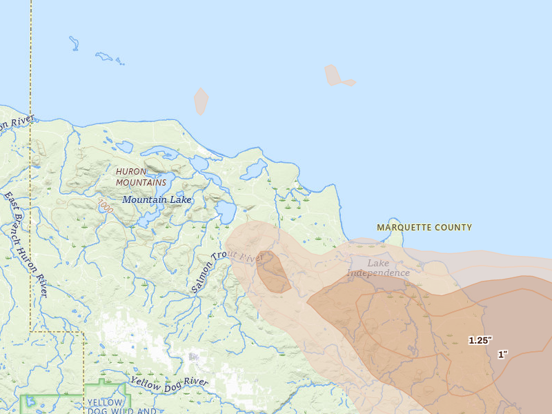 Radar-estimated hail-size map of the storm over Big Bay, MI on Jul 20, 2026