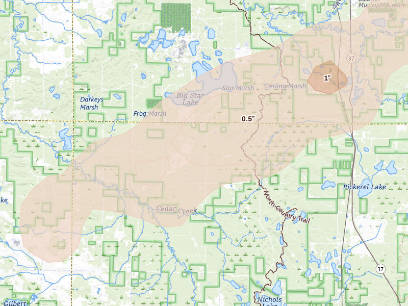 Radar-estimated hail-size map of the storm over Bitely, MI on Apr 13, 2026