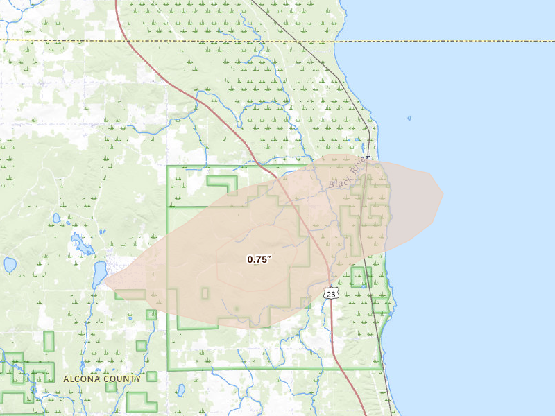 Radar-estimated hail-size map of the storm over Black River, MI on Jul 1, 2026