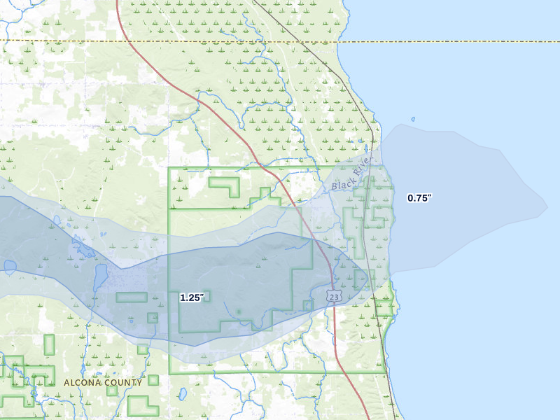 NEXRAD radar-signature map of the hail storm over Black River, MI on Jul 1, 2026