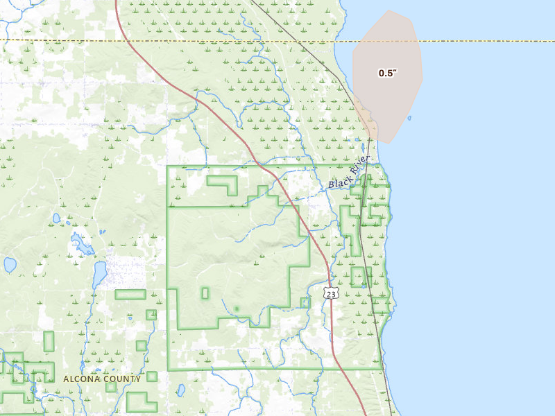 Radar-estimated hail-size map of the storm over Black River, MI on Jul 14, 2026