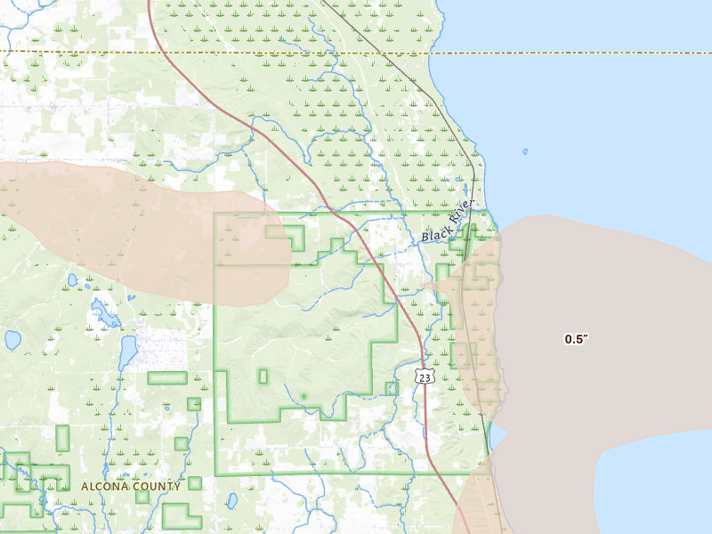 Radar-estimated hail-size map of the storm over Black River, MI on Jul 27, 2026
