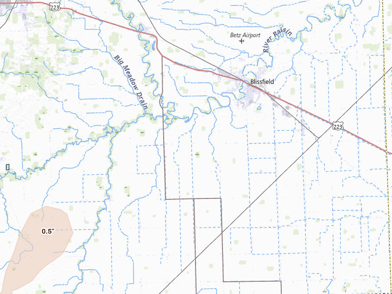 Radar-estimated hail-size map of the storm over Blissfield, MI on May 18, 2026