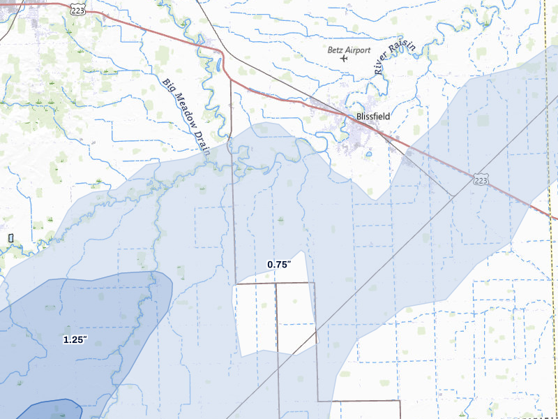 NEXRAD radar-signature map of the hail storm over Blissfield, MI on May 18, 2026