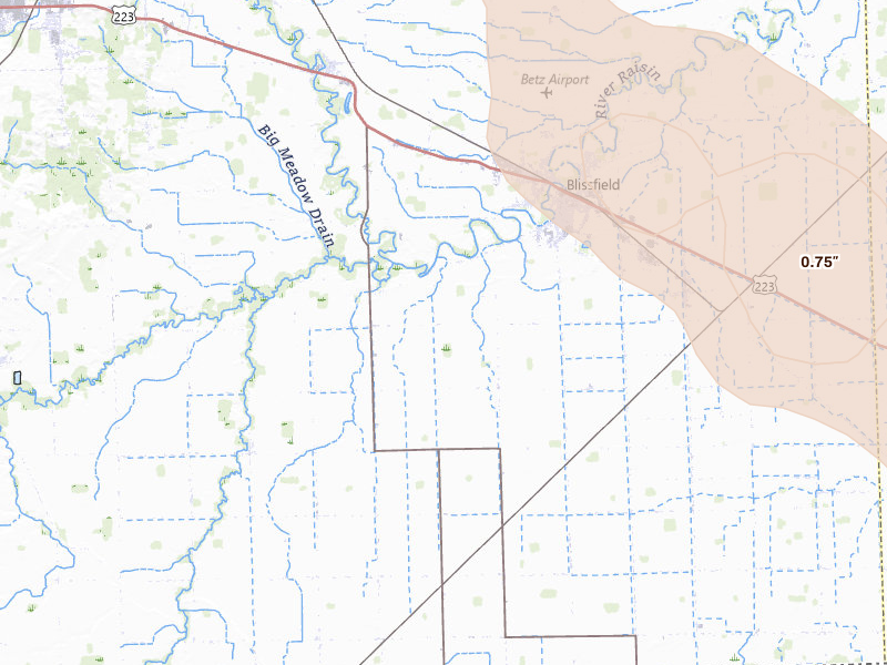 Radar-estimated hail-size map of the storm over Blissfield, MI on Jul 27, 2026