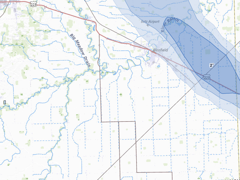 NEXRAD radar-signature map of the hail over Blissfield, MI
