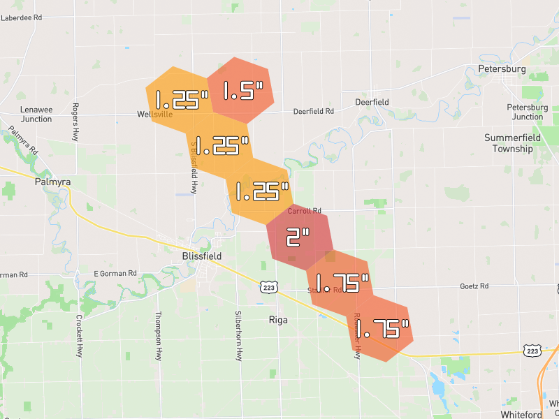 Hail map of Blissfield, MI on Jul 28, 2026, hail up to 2"
