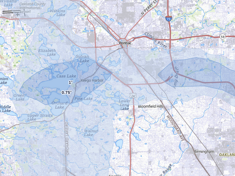 NEXRAD radar-signature map of the hail storm over Bloomfield Hills, MI on May 15, 2026