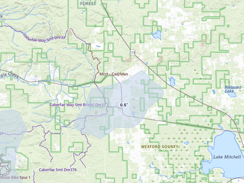 NEXRAD radar-signature map of the hail storm over Boon, MI on Jul 1, 2026