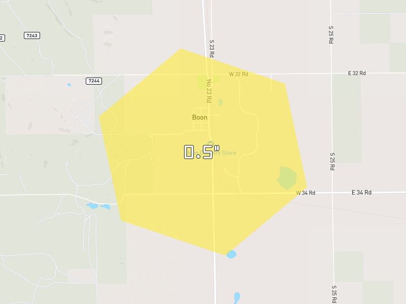 Hail map of Boon, MI on Jul 1, 2026, hail up to 0.5"