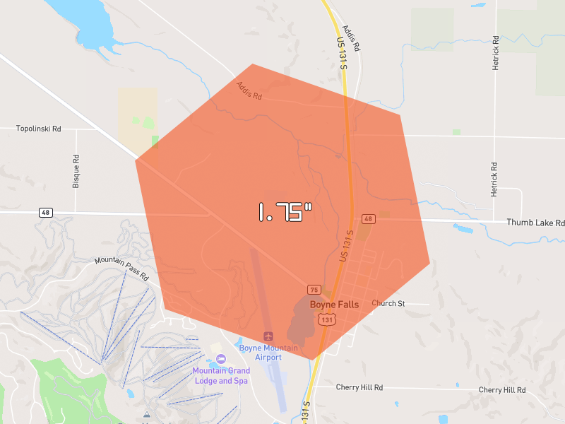 Hail map of Boyne City, MI on Jul 13, 2026, hail up to 1.75"