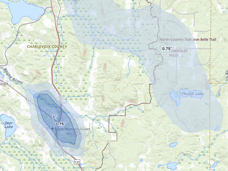 NEXRAD radar-signature map of the hail over Boyne Falls, MI