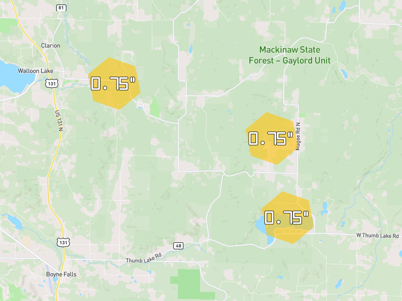 Hail map of Boyne Falls, MI on Jul 13, 2026, hail up to 0.75"