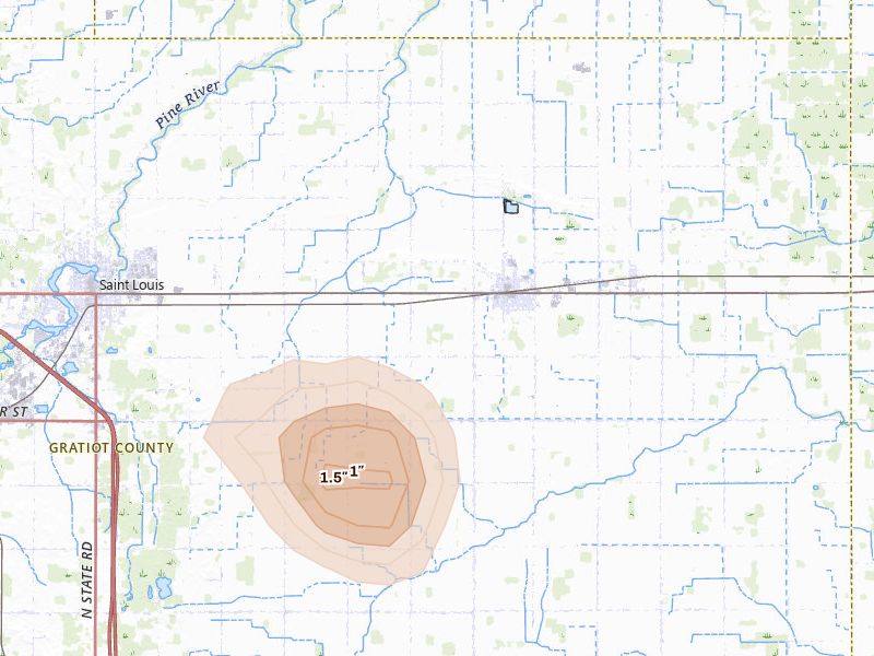 Radar-estimated hail-size map of the storm over Breckenridge, MI on Aug 11, 2026