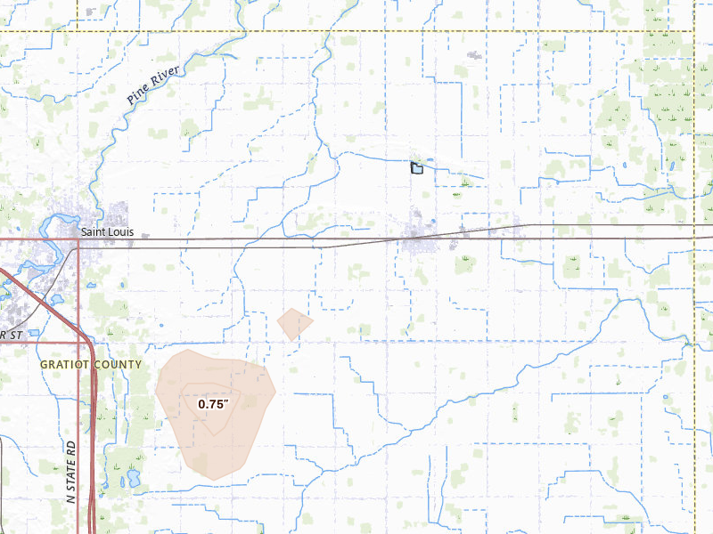 Radar-estimated hail-size map of the storm over Breckenridge, MI on Aug 30, 2026