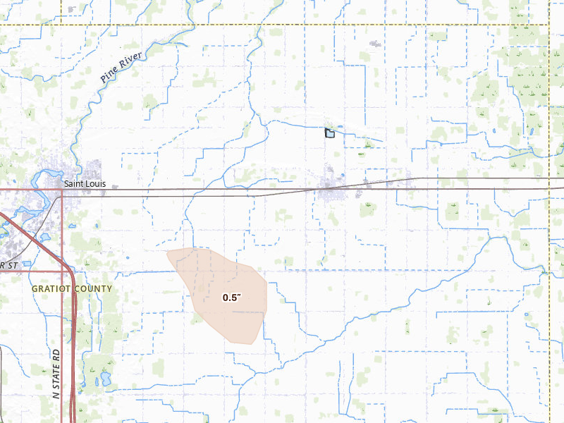 Radar-estimated hail-size map of the storm over Breckenridge, MI on Aug 31, 2026
