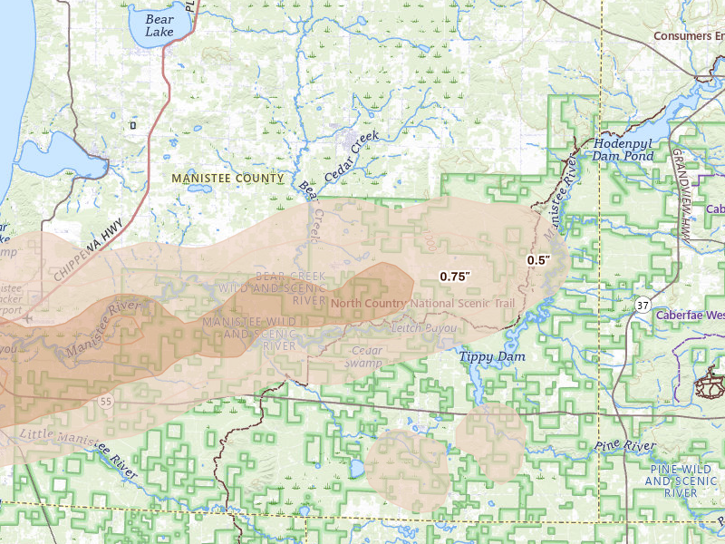 Radar-estimated hail-size map of the storm over Brethren, MI on Jul 1, 2026