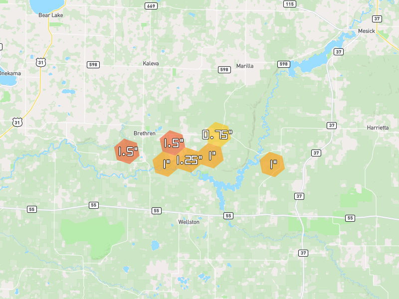 Hail map of Brethren, MI on Jul 1, 2026, hail up to 1.5"