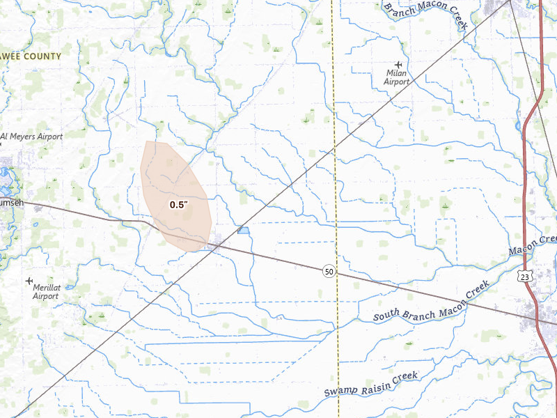 Radar-estimated hail-size map of the storm over Britton, MI on Apr 22, 2026