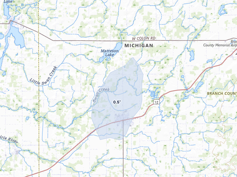NEXRAD radar-signature map of the hail over Bronson, MI