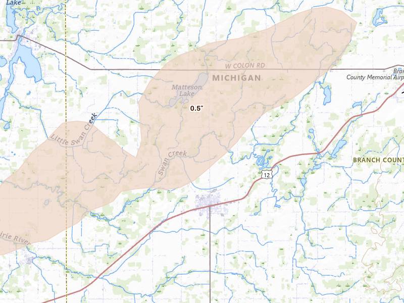 Radar-estimated hail-size map of the storm over Bronson, MI on Jun 16, 2026