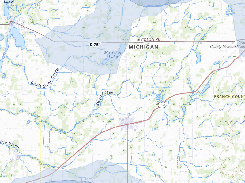 NEXRAD radar-signature map of the hail storm over Bronson, MI on Jul 3, 2026