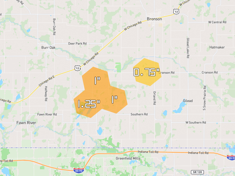 Hail map of Bronson, MI on Jul 3, 2026, hail up to 1.25"