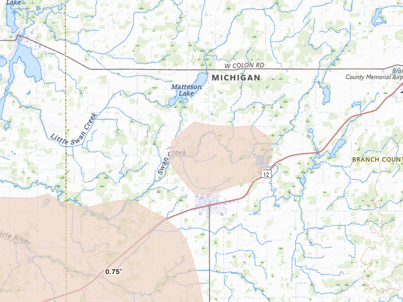Radar-estimated hail-size map of the storm over Bronson, MI on Aug 10, 2026