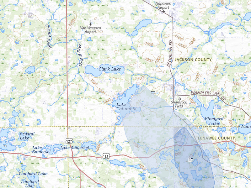NEXRAD radar-signature map of the hail storm over Brooklyn, MI on Apr 22, 2026