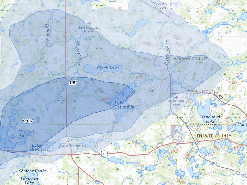 NEXRAD radar-signature map of the hail storm over Brooklyn, MI on Jul 3, 2026