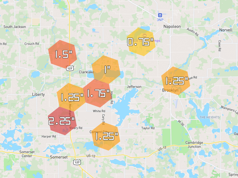 Hail map of Brooklyn, MI on Jul 3, 2026, hail up to 2.25"
