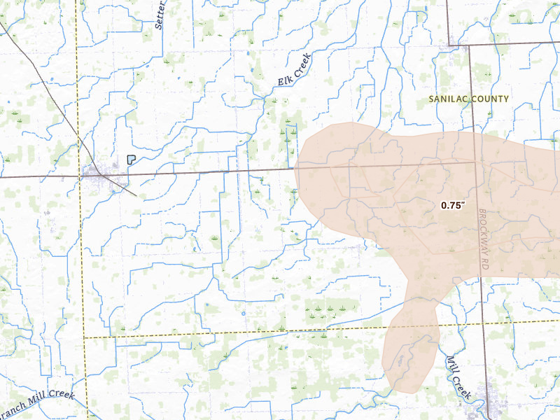 Radar-estimated hail-size map of the storm over Brown City, MI on Sep 2, 2026