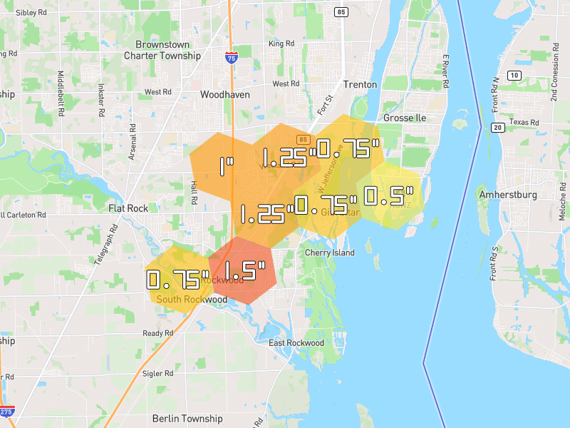 Hail map of Brownstown Twp, MI on Jul 3, 2026, hail up to 1.5"