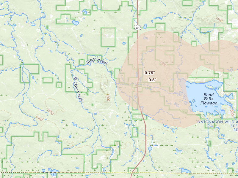 Radar-estimated hail-size map of the storm over Bruce Crossing, MI on Jun 24, 2026