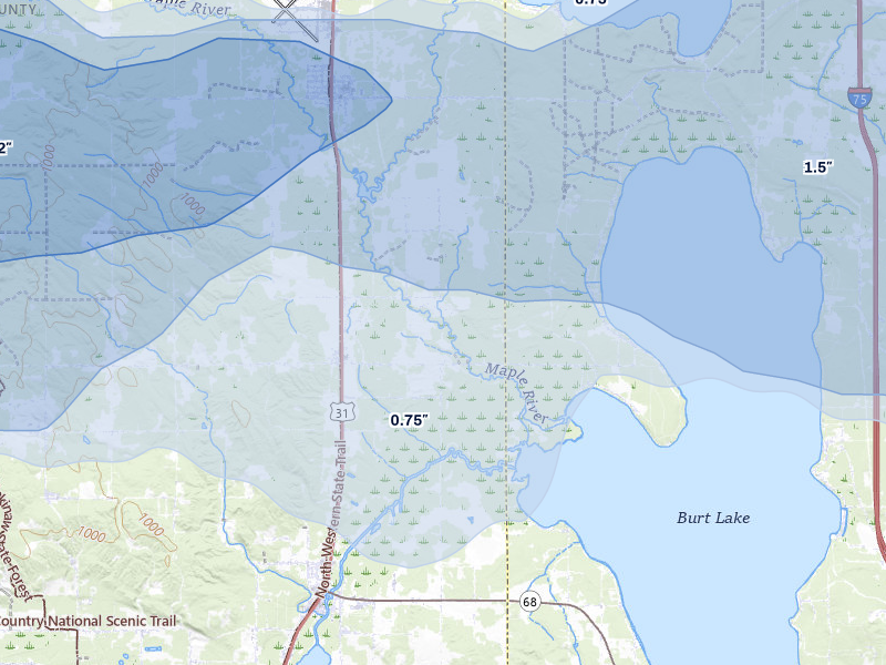 NEXRAD radar-signature map of the hail storm over Brutus, MI on Jun 29, 2026