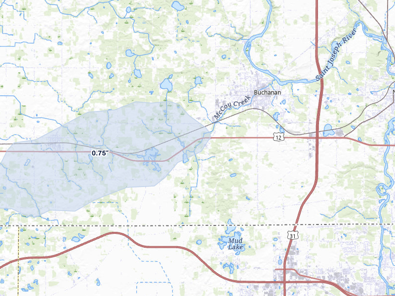 NEXRAD radar-signature map of the hail over Buchanan, MI