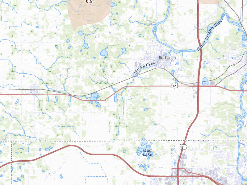 Radar-estimated hail-size map of the storm over Buchanan, MI on Jul 3, 2026