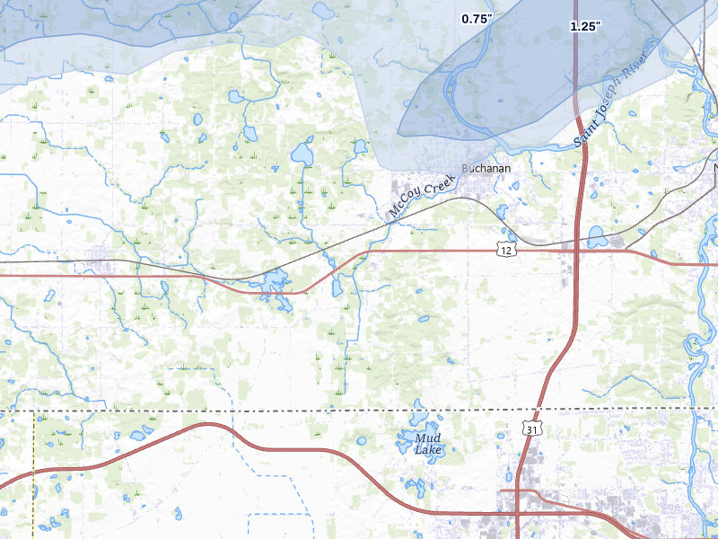 NEXRAD radar-signature map of the hail storm over Buchanan, MI on Jul 3, 2026