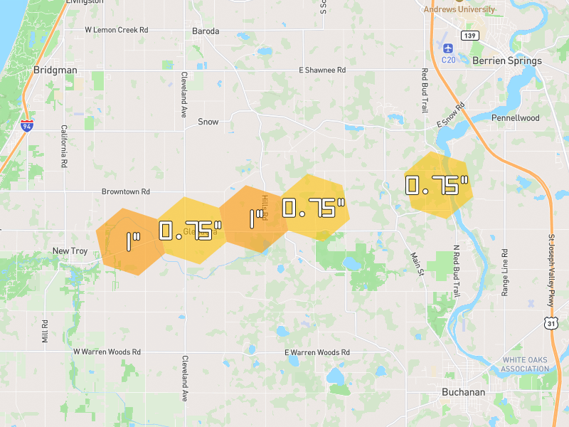 Hail map of Buchanan, MI on Jul 3, 2026, hail up to 1"