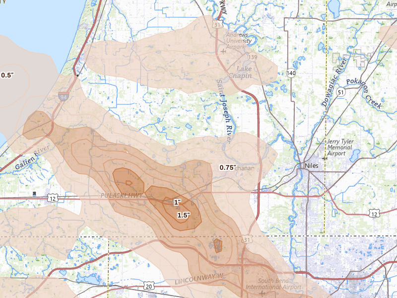 Radar-estimated hail-size map of the storm over Buchanan, MI on Aug 10, 2026
