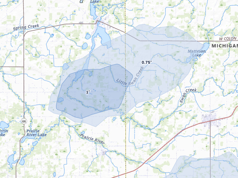 NEXRAD radar-signature map of the hail over Burr Oak, MI