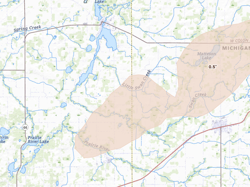 Radar-estimated hail-size map of the storm over Burr Oak, MI on Jun 16, 2026