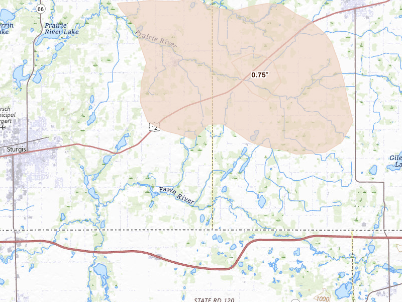 Radar-estimated hail-size map of the storm over Burr Oak, MI on Aug 10, 2026