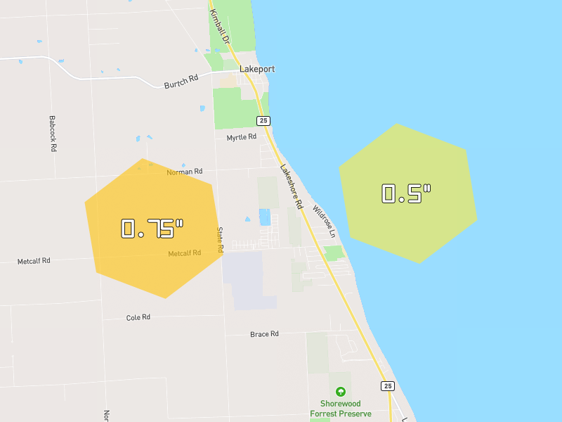 Hail map of Burtchville, MI on Jul 21, 2026, hail up to 0.75"